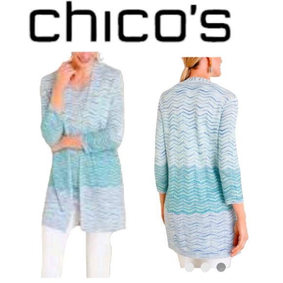 Chico's Sweaters - Chico's Turquoise Blue Wavy Stripe Open Front Cardigan Duster Sz 2/Lrg NWT